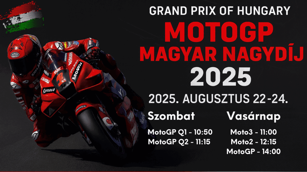 Grand Prix of Hungary – MotoGP Magyar Nagydíj 2025 hivatalos plakát, Balaton Park Circuit, időpontokkal és programmal.